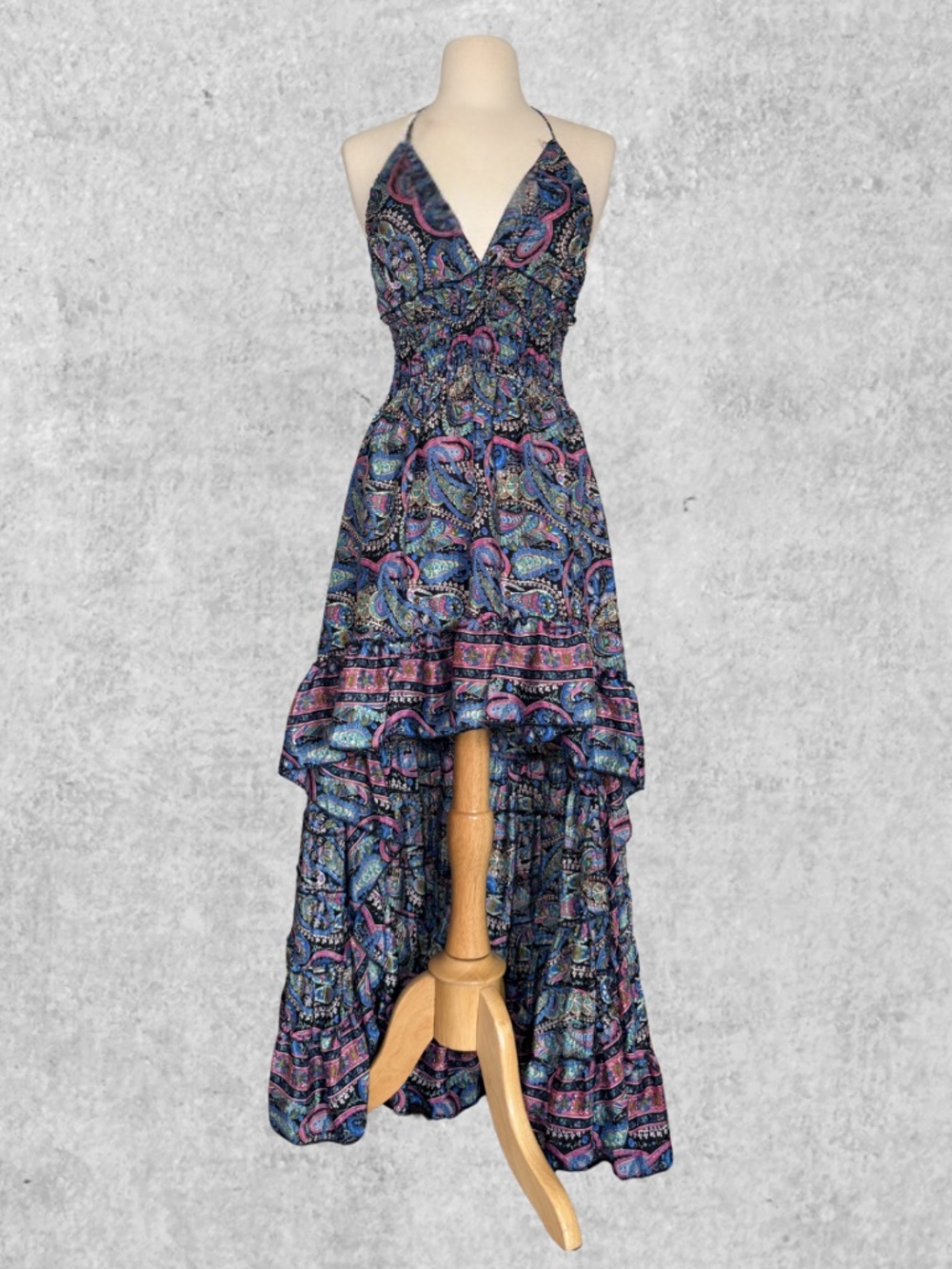 Zury High-Low Halter Maxi Dress | Boho Paisley Satin Blend | Size S/M